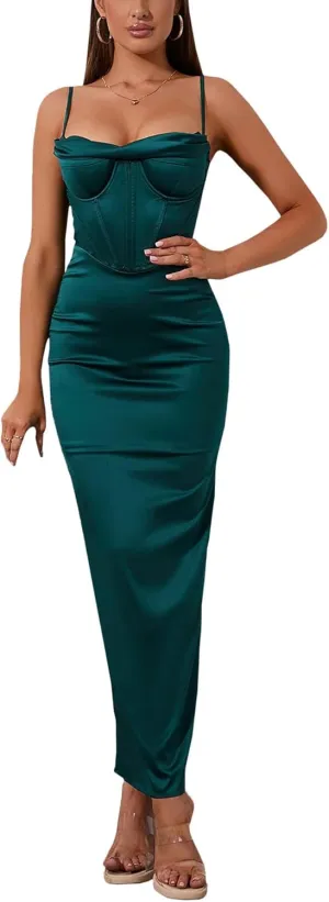 Sexyshine Women's Spaghetti Strap Cowl Neck Satin Corset Dress Bodycon Backless Formal Evening Party Maxi Dress
