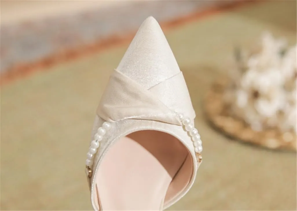 Sharp Head Chunky Hollow High Heels with Sweet Satin Pearl Buckle with 5cm/1.97in High Heel Shoes