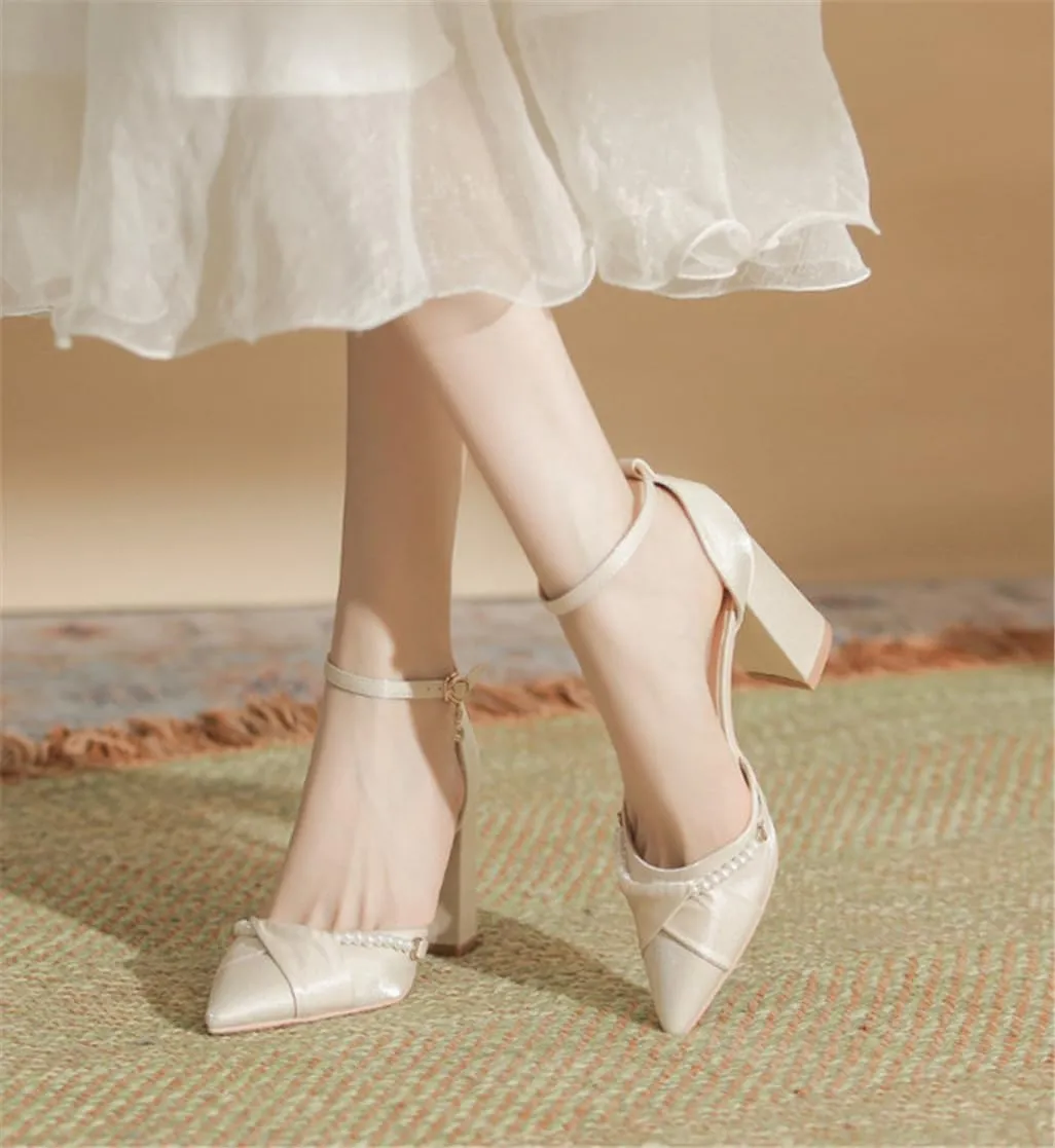 Sharp Head Chunky Hollow High Heels with Sweet Satin Pearl Buckle with 5cm/1.97in High Heel Shoes