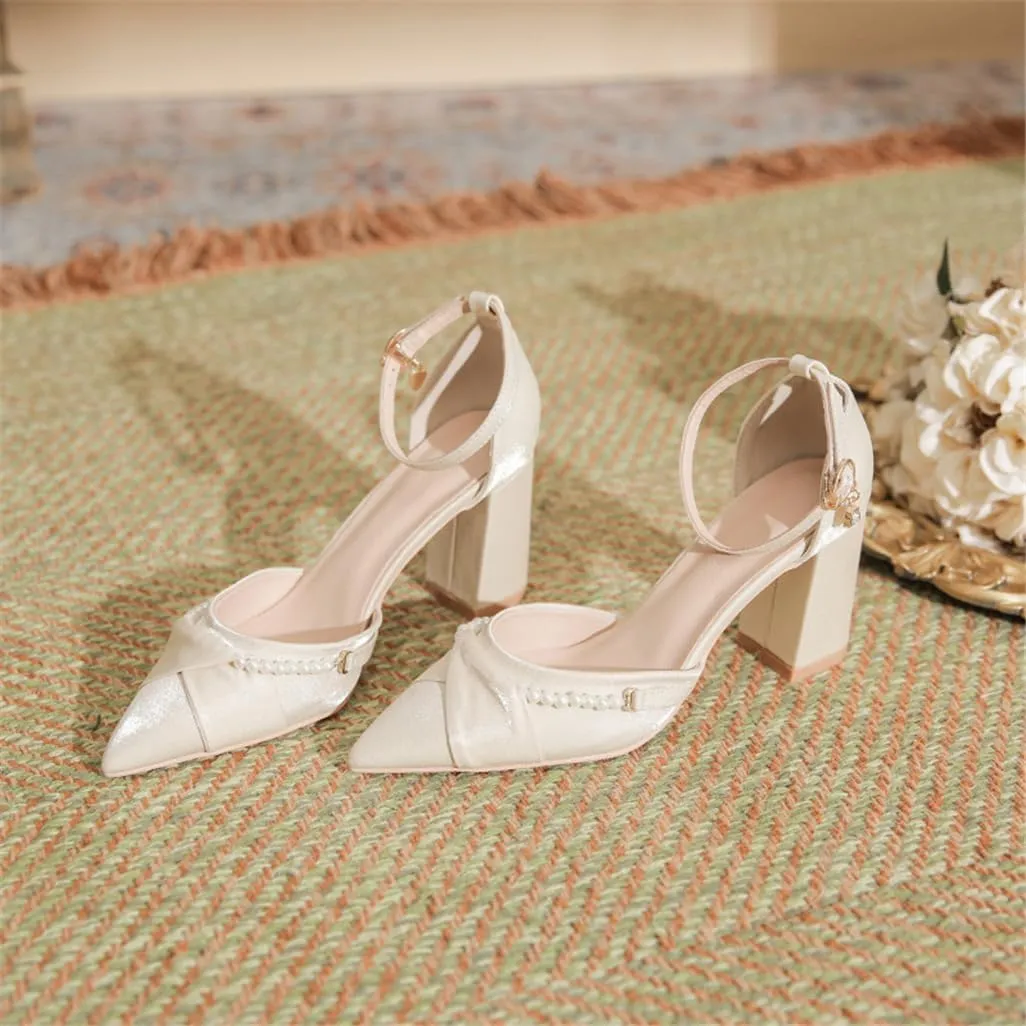Sharp Head Chunky Hollow High Heels with Sweet Satin Pearl Buckle with 5cm/1.97in High Heel Shoes