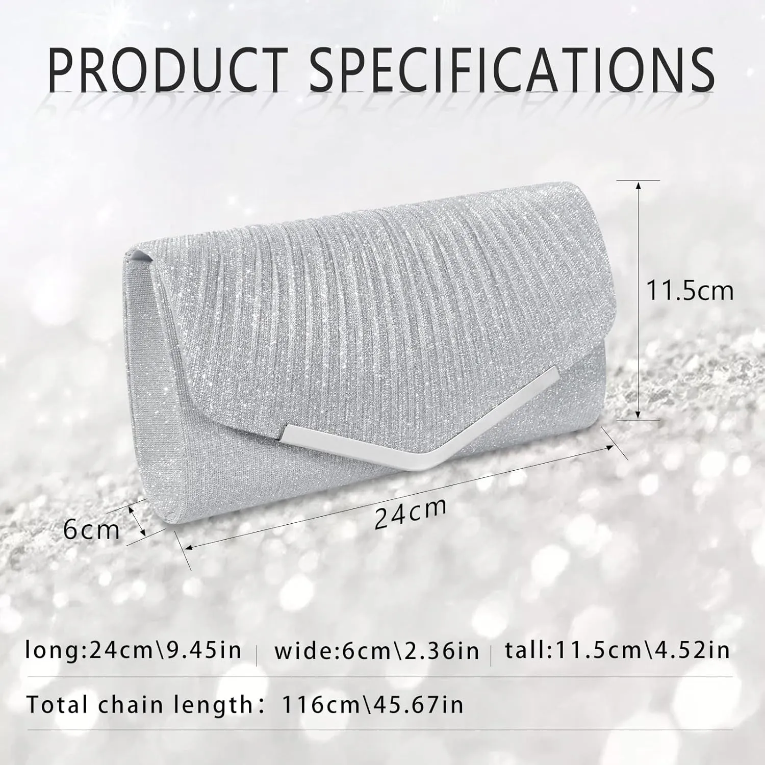 Shiny Sequin Envelope Clutch - Glitter Evening Bag with Chain for Wedding, Formal, Cocktail Party