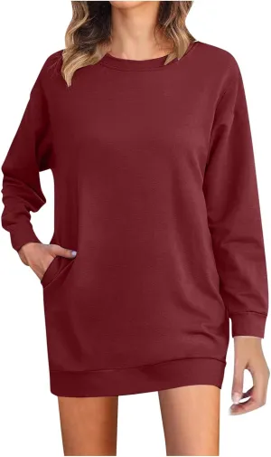 Shirt Dresses for Women 2024 Fashion Long Sleeve Sweatshirt Dress Crewneck Mini Dress with Pockets Fall Pullover Top