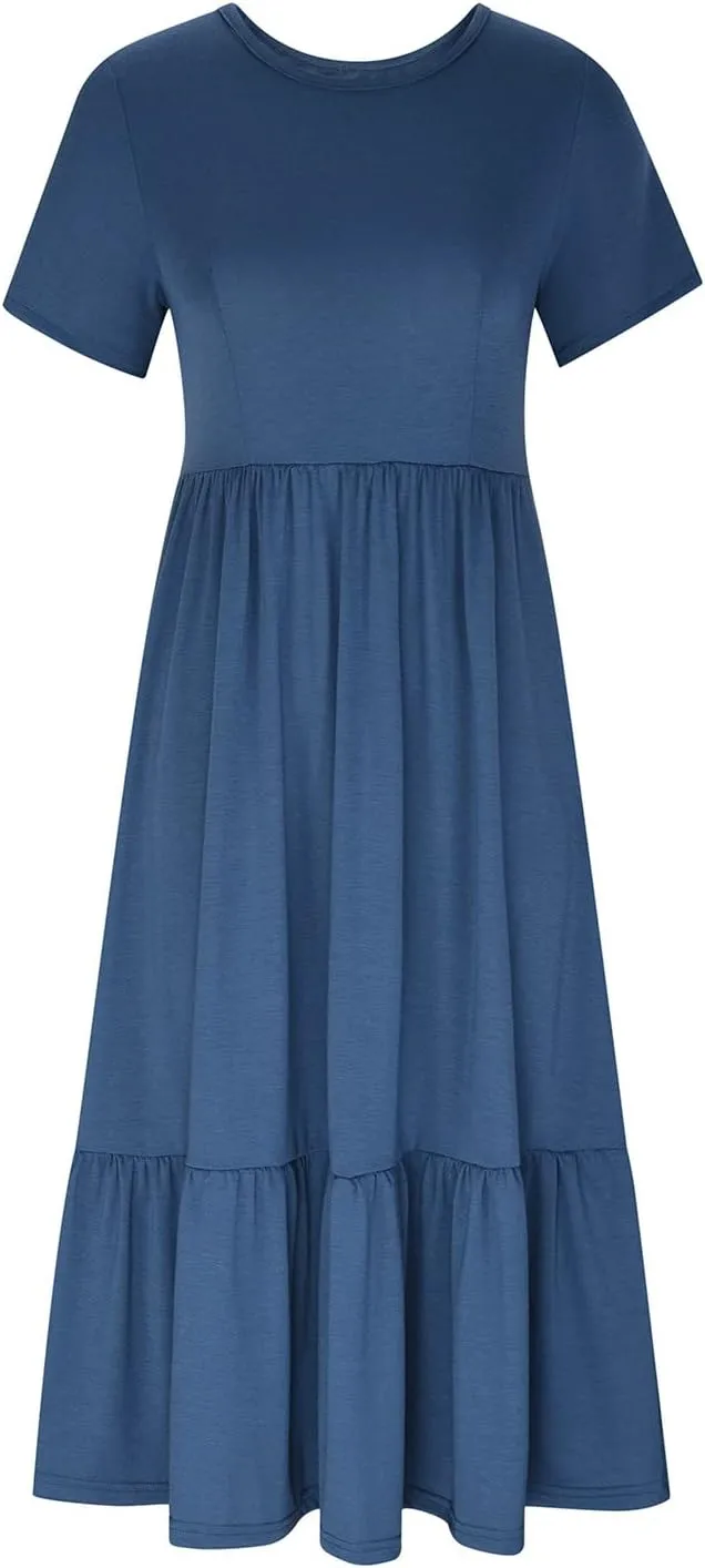 Short Sleeve Shirt Dresses for Women Dressy 2023 Casual Loose Ruffle Flowy Maxi Long Dress with Pockets