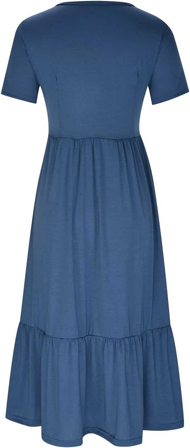 Short Sleeve Shirt Dresses for Women Dressy 2023 Casual Loose Ruffle Flowy Maxi Long Dress with Pockets
