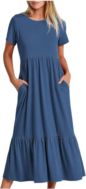 Short Sleeve Shirt Dresses for Women Dressy 2023 Casual Loose Ruffle Flowy Maxi Long Dress with Pockets