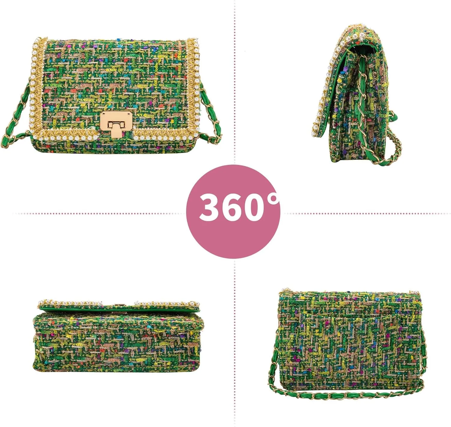 Shoulder Bag Chain Purse for Women, Retro Tweed Pearl Clutch Crossbody Bag Underarm Evening Bag Square Handbag Satchel