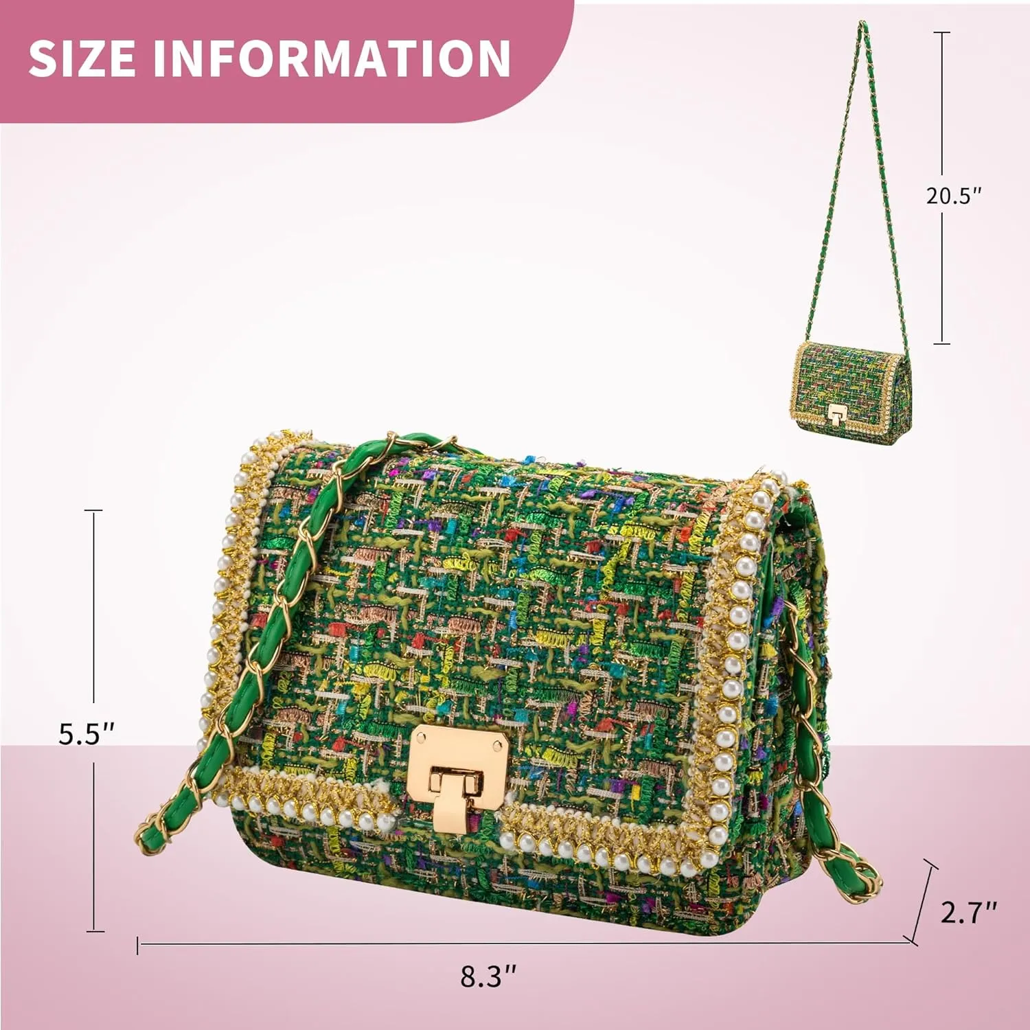 Shoulder Bag Chain Purse for Women, Retro Tweed Pearl Clutch Crossbody Bag Underarm Evening Bag Square Handbag Satchel