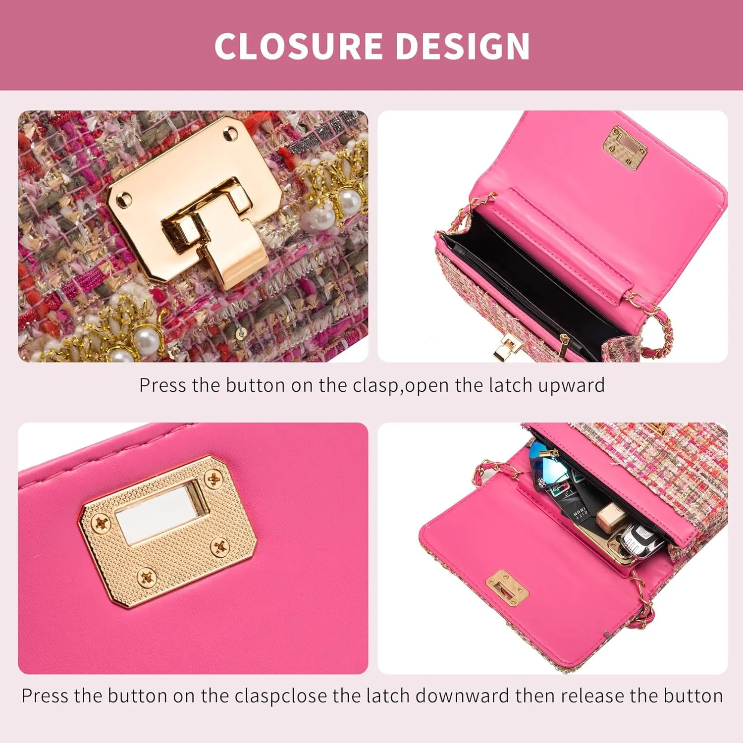 Shoulder Bag Chain Purse for Women, Retro Tweed Pearl Clutch Crossbody Bag Underarm Evening Bag Square Handbag Satchel