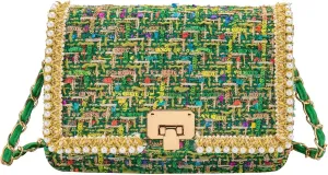 Shoulder Bag Chain Purse for Women, Retro Tweed Pearl Clutch Crossbody Bag Underarm Evening Bag Square Handbag Satchel