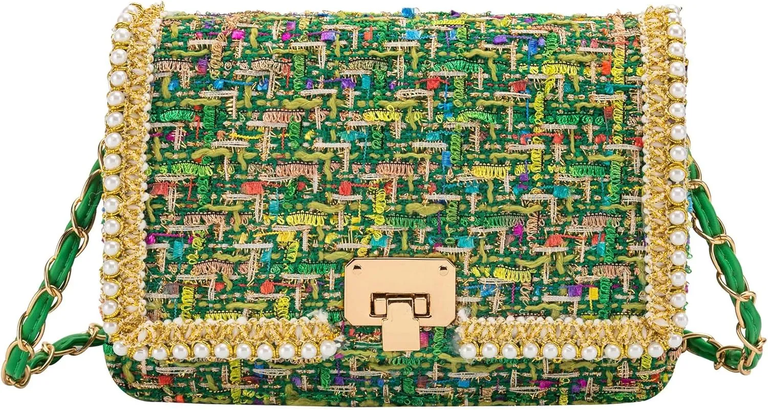 Shoulder Bag Chain Purse for Women, Retro Tweed Pearl Clutch Crossbody Bag Underarm Evening Bag Square Handbag Satchel