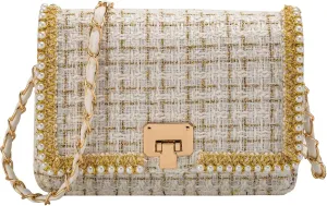 Shoulder Bag Chain Purse for Women, Retro Tweed Pearl Clutch Crossbody Bag Underarm Evening Bag Square Handbag Satchel