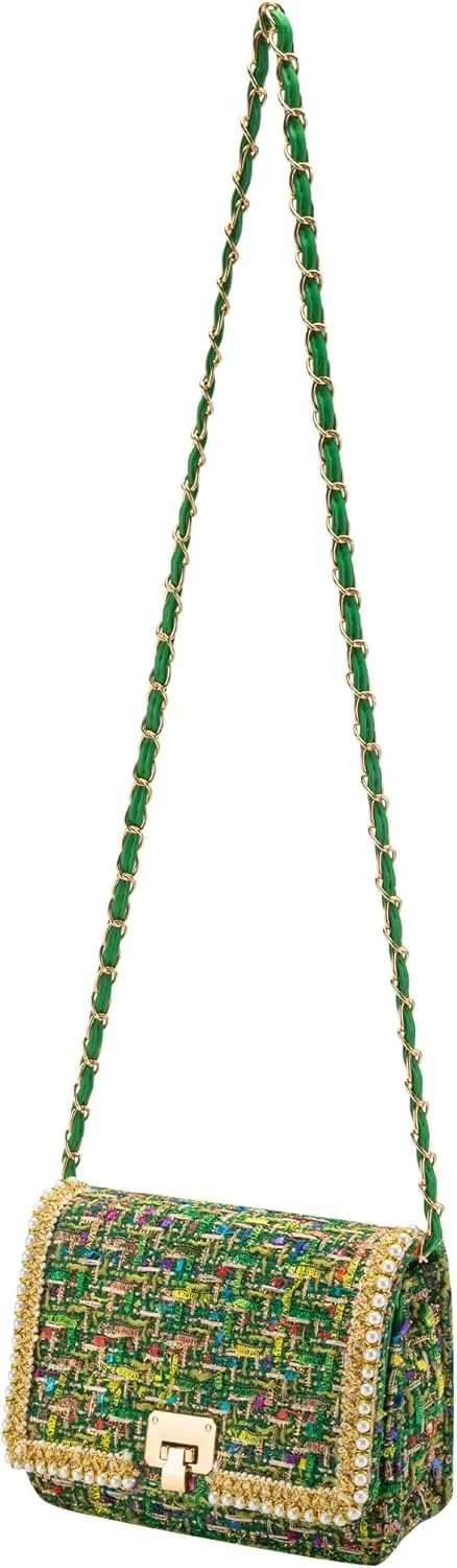 Shoulder Bag Chain Purse for Women, Retro Tweed Pearl Clutch Crossbody Bag Underarm Evening Bag Square Handbag Satchel