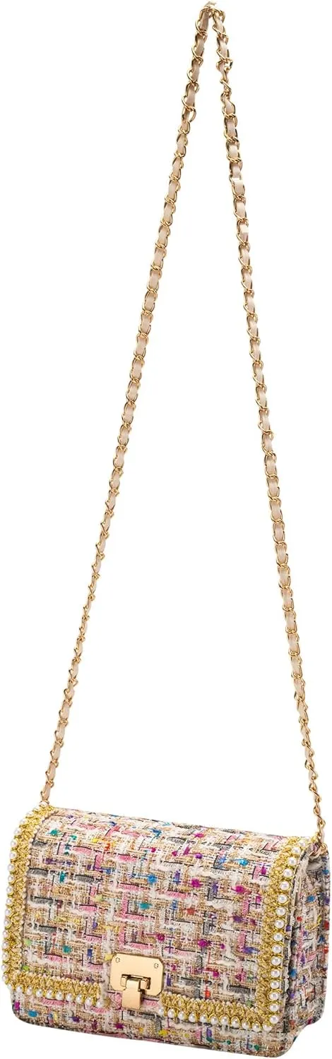 Shoulder Bag Chain Purse for Women, Retro Tweed Pearl Clutch Crossbody Bag Underarm Evening Bag Square Handbag Satchel