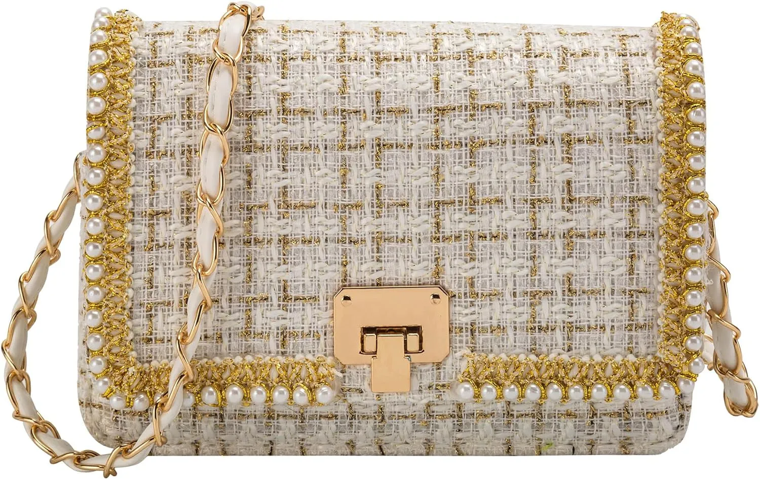 Shoulder Bag Chain Purse for Women, Retro Tweed Pearl Clutch Crossbody Bag Underarm Evening Bag Square Handbag Satchel