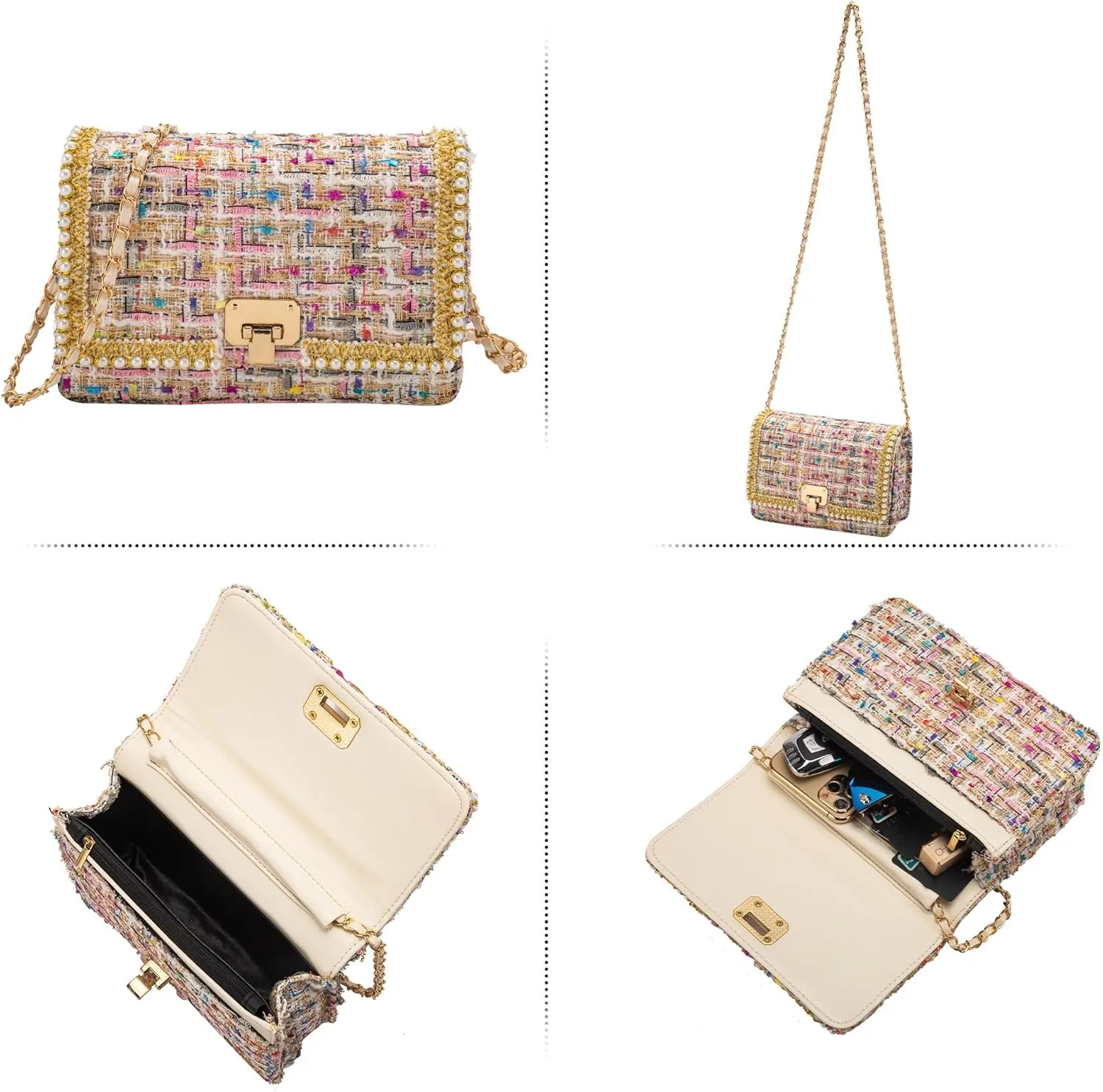 Shoulder Bag Chain Purse for Women, Retro Tweed Pearl Clutch Crossbody Bag Underarm Evening Bag Square Handbag Satchel