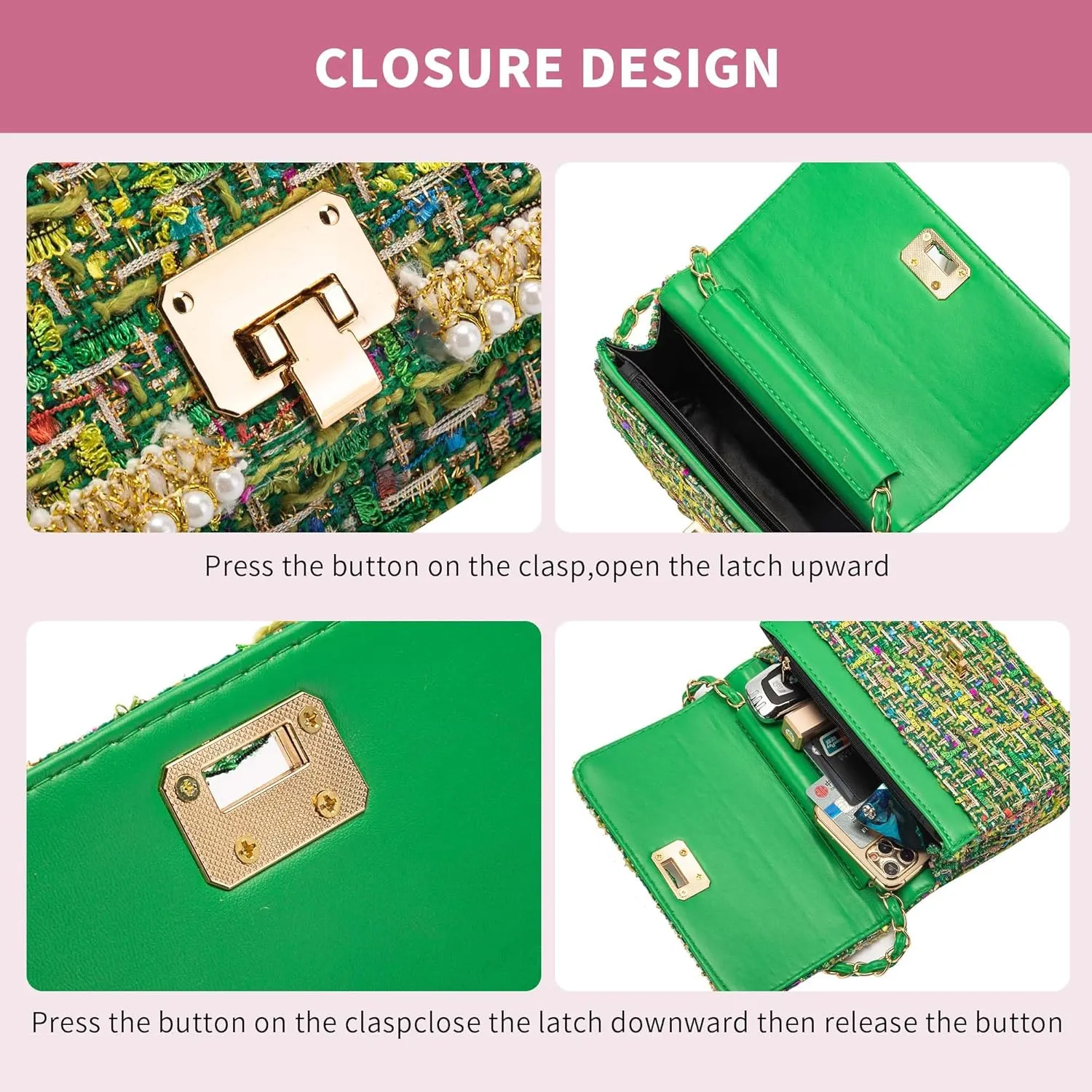 Shoulder Bag Chain Purse for Women, Retro Tweed Pearl Clutch Crossbody Bag Underarm Evening Bag Square Handbag Satchel
