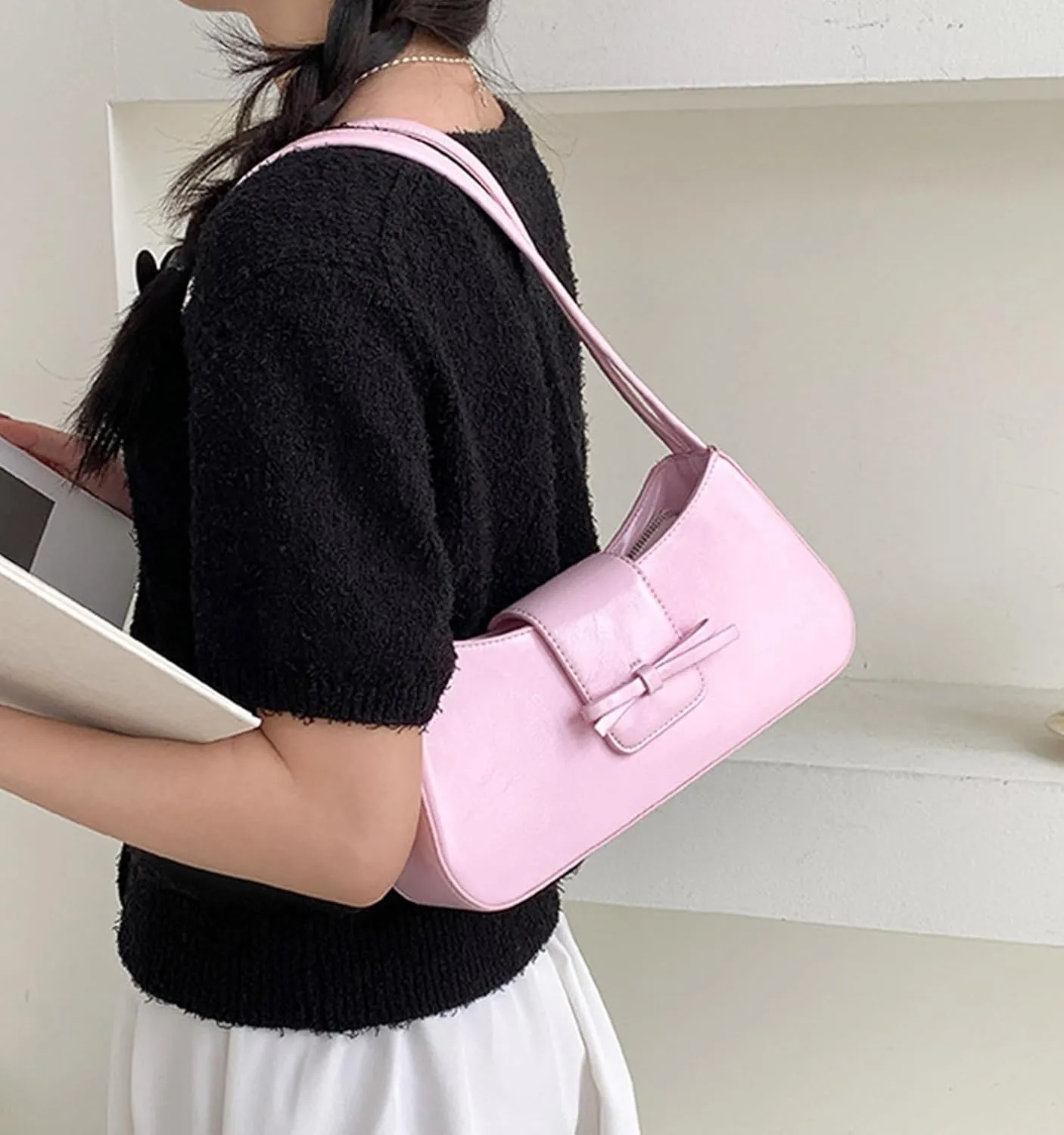 Shoulder Bag for Women, Hobo Handbags Trendy Y2K Purses Patent Leather Clutch Bag Cute Bow Purse