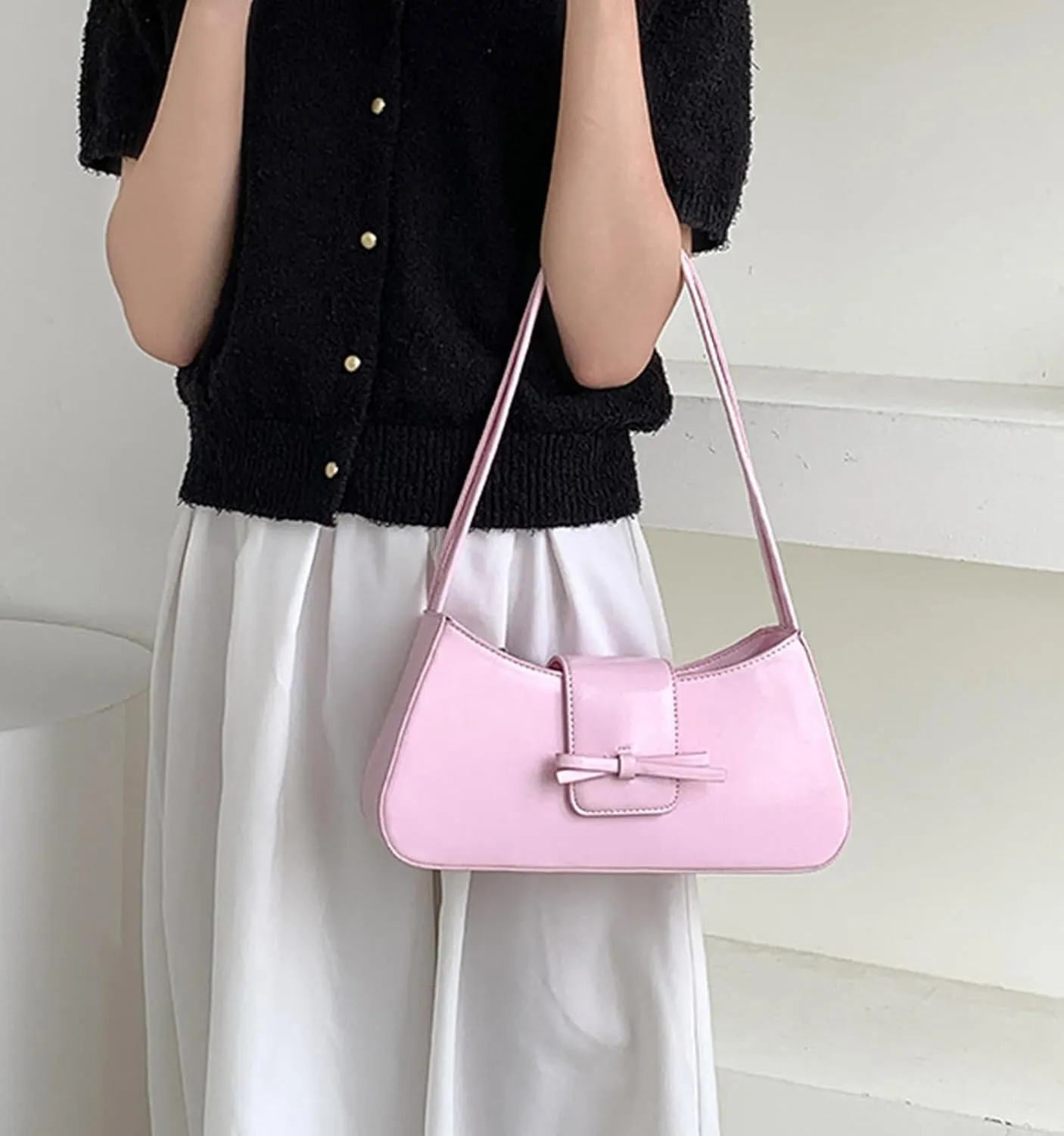 Shoulder Bag for Women, Hobo Handbags Trendy Y2K Purses Patent Leather Clutch Bag Cute Bow Purse