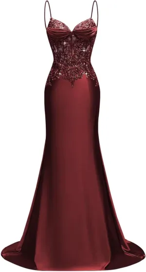 Silk Beaded Prom Dresses Long for Women Mermaid Formal Dresses Spaghetti Straps Evening Party Gowns