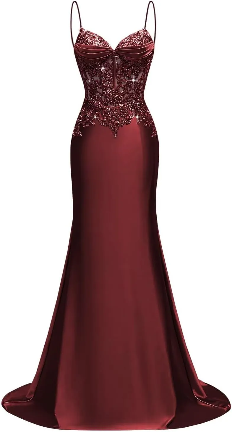 Silk Beaded Prom Dresses Long for Women Mermaid Formal Dresses Spaghetti Straps Evening Party Gowns