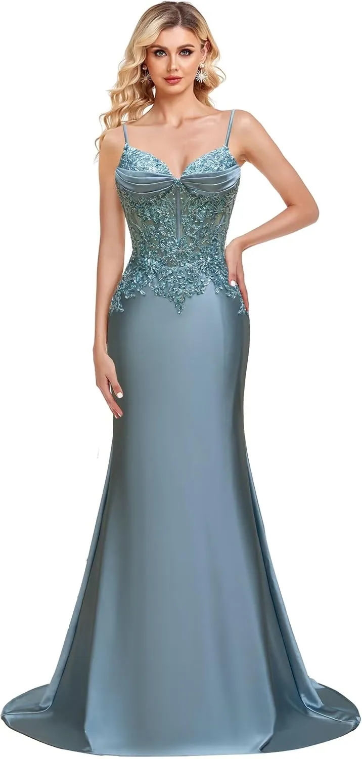 Silk Beaded Prom Dresses Long for Women Mermaid Formal Dresses Spaghetti Straps Evening Party Gowns