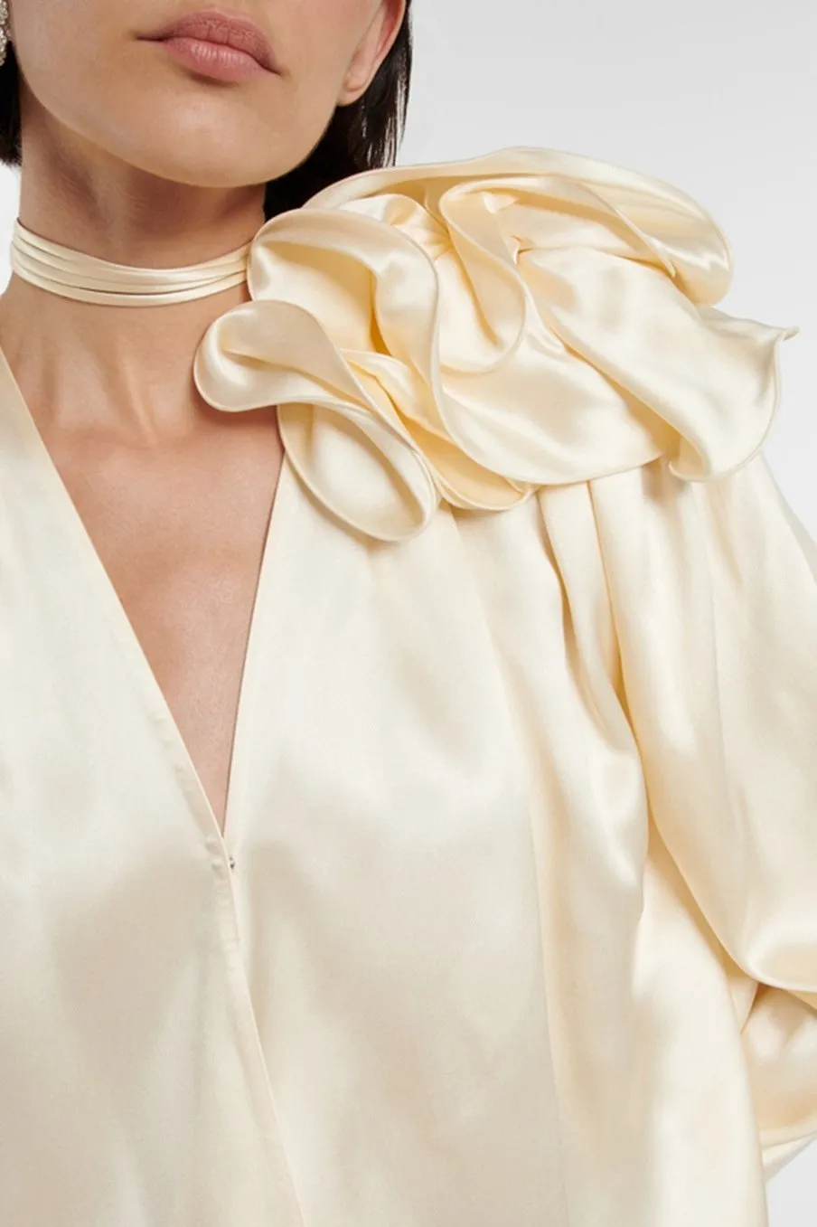 Silk Blossom Blouse | Beige | Evening Elegance | Satin