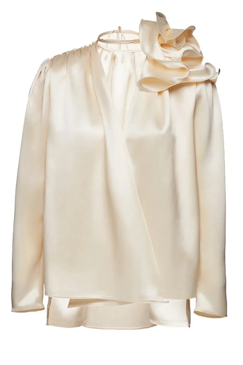 Silk Blossom Blouse | Beige | Evening Elegance | Satin