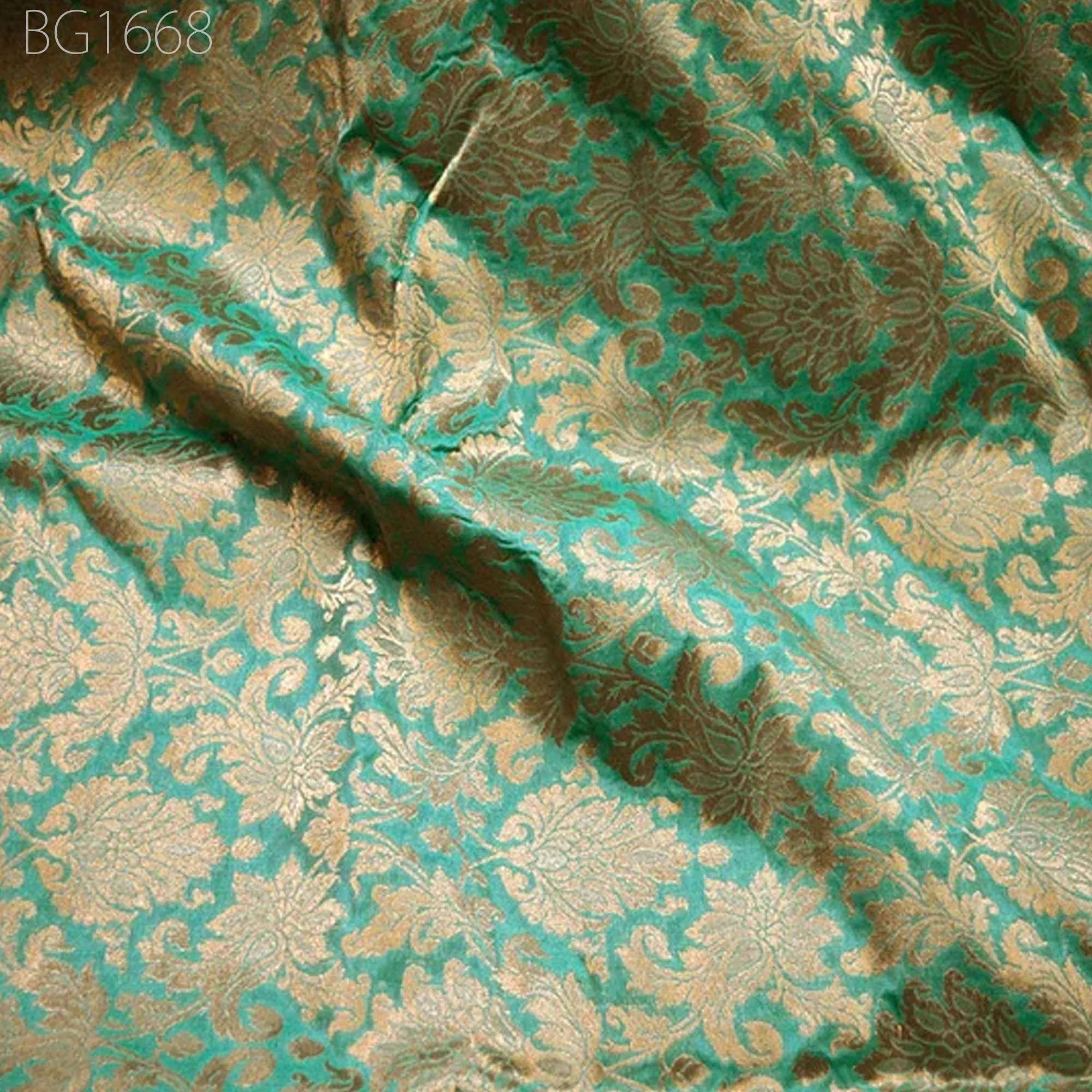 Silk Brocade Fabric in Sea Green and Gold with Motifs Indian Silk Dresses Fabric Banarasi blended Silk Fabric by the Yard crafting Sewing