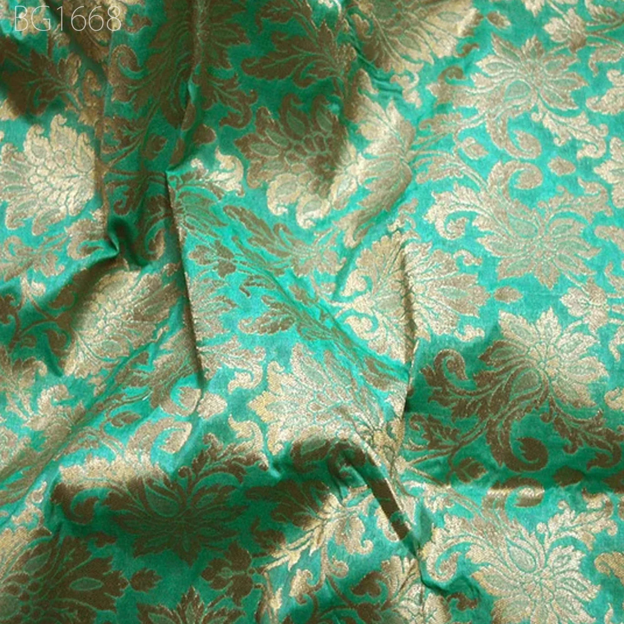 Silk Brocade Fabric in Sea Green and Gold with Motifs Indian Silk Dresses Fabric Banarasi blended Silk Fabric by the Yard crafting Sewing