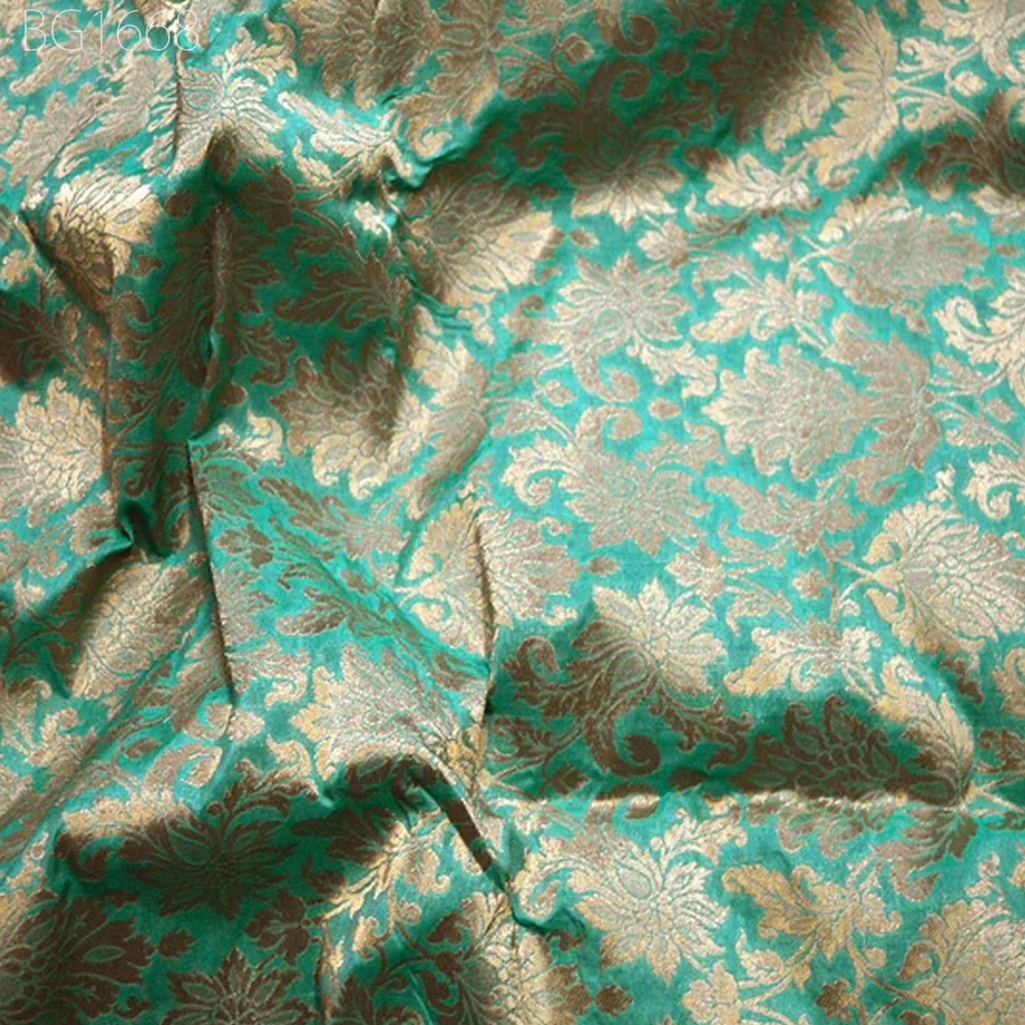 Silk Brocade Fabric in Sea Green and Gold with Motifs Indian Silk Dresses Fabric Banarasi blended Silk Fabric by the Yard crafting Sewing