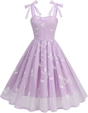 Silk Embroidered Dress for Women Bow Tie Spaghetti Strap Tulle Prom Dress 50s A line Cocktail Evening Party Dresses