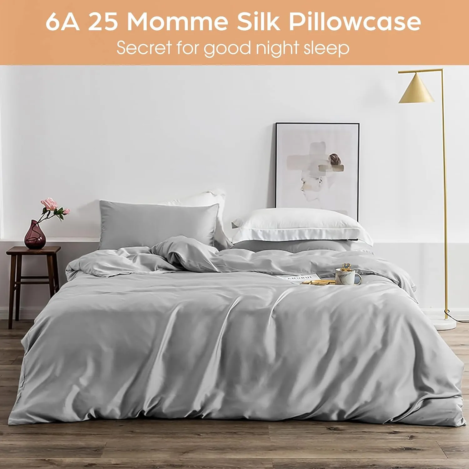 Silk Pillowcase for Hair and Skin, 2 Pack 100% Mulberry Silk Pillowcase 25 Momme, 600 Thread Count, Both Side Pure Silk Pillow Cover with Hidden Zipper (Gray, King 20''×36'')
