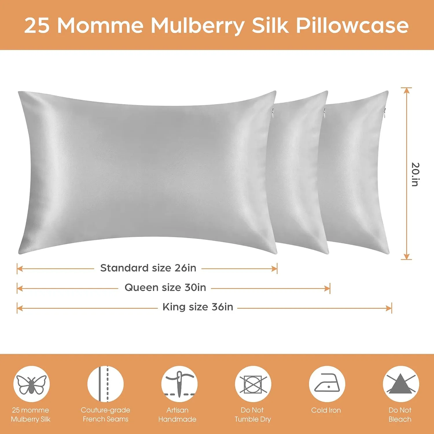 Silk Pillowcase for Hair and Skin, 2 Pack 100% Mulberry Silk Pillowcase 25 Momme, 600 Thread Count, Both Side Pure Silk Pillow Cover with Hidden Zipper (Gray, King 20''×36'')