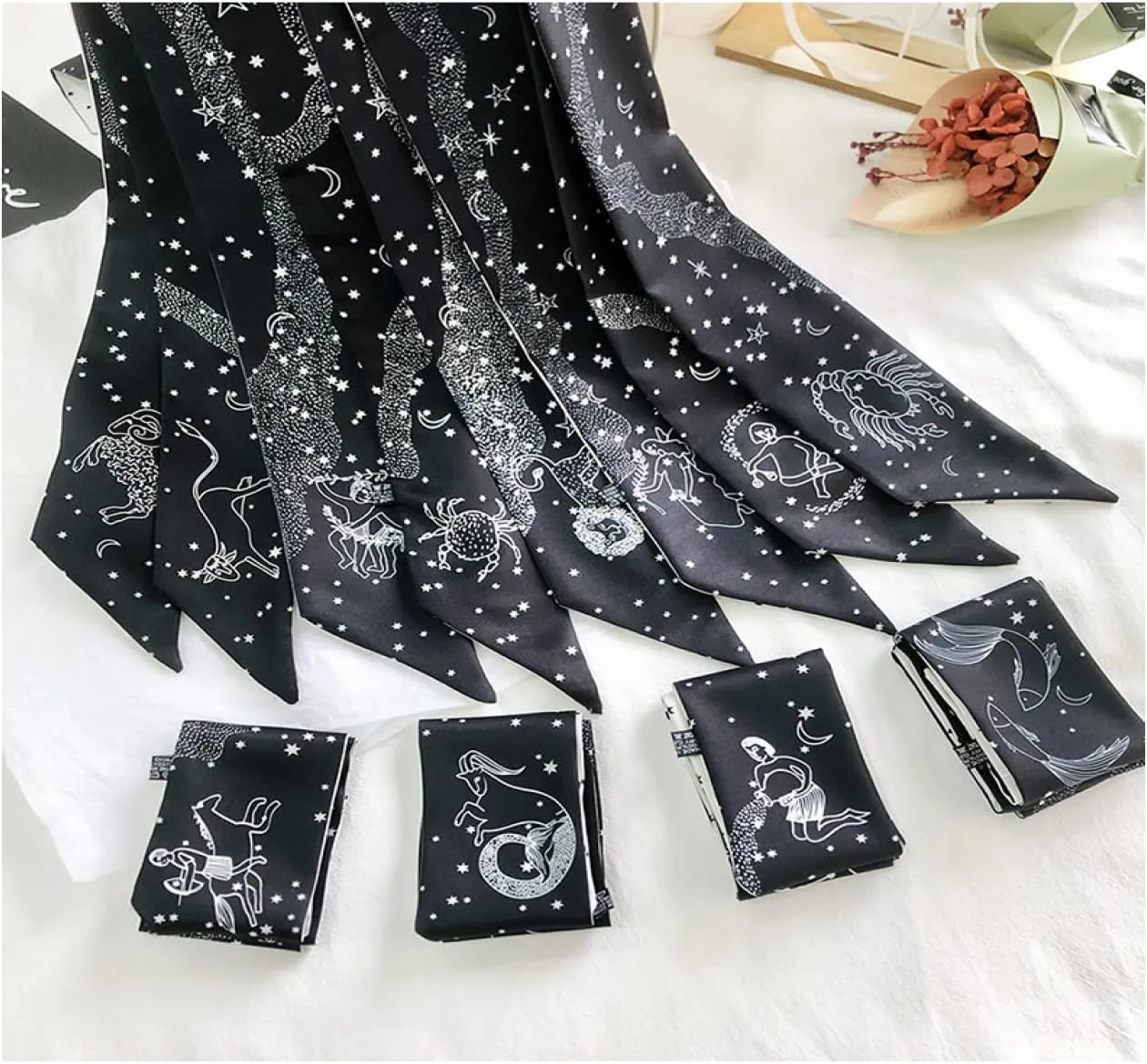 Silk Scarf for bag Head Hair Ribbon Handbag Handle wrap Tie Bundle Neckerchief Scarf for women mini scarves Zodiac Sign