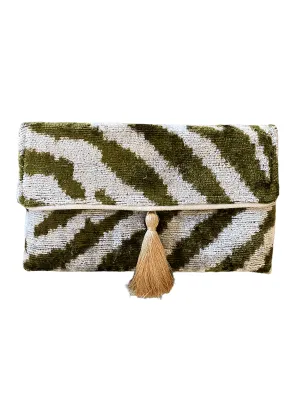 Silk Velvet Ikat Clutch in Green Stripe