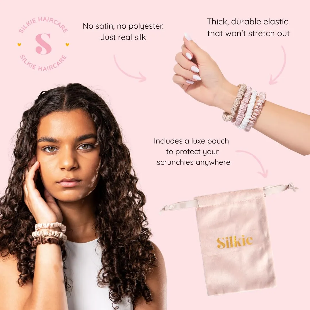 SILKIE x4 Set 100% Pure Mulberry Silk Brown Skinny Scrunchies Travel Pouch Everyday Hair Ties Elastics Hair Care Ponytail Holder No Damage (Praline)