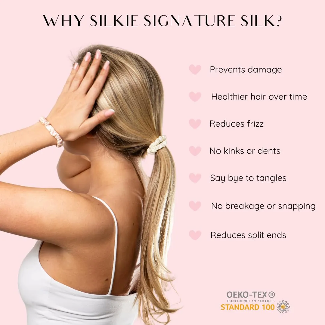 SILKIE x4 Set 100% Pure Mulberry Silk Brown Skinny Scrunchies Travel Pouch Everyday Hair Ties Elastics Hair Care Ponytail Holder No Damage (Praline)