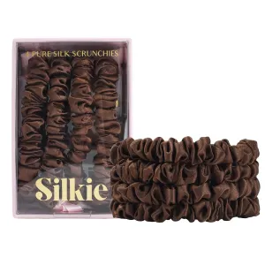 SILKIE x4 Set 100% Pure Mulberry Silk Brown Skinny Scrunchies Travel Pouch Everyday Hair Ties Elastics Hair Care Ponytail Holder No Damage (Praline)