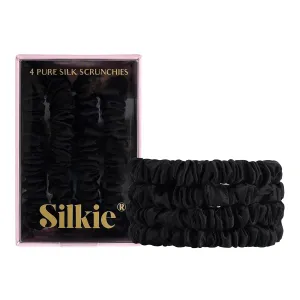 SILKIE x4 Set - Better than Satin - 100% Pure Mulberry Silk Black on Black Skinny Scrunchies Travel Pouch Everyday Hair Ties Elastics Hair Care Ponytail Holder No Damage (Noir)