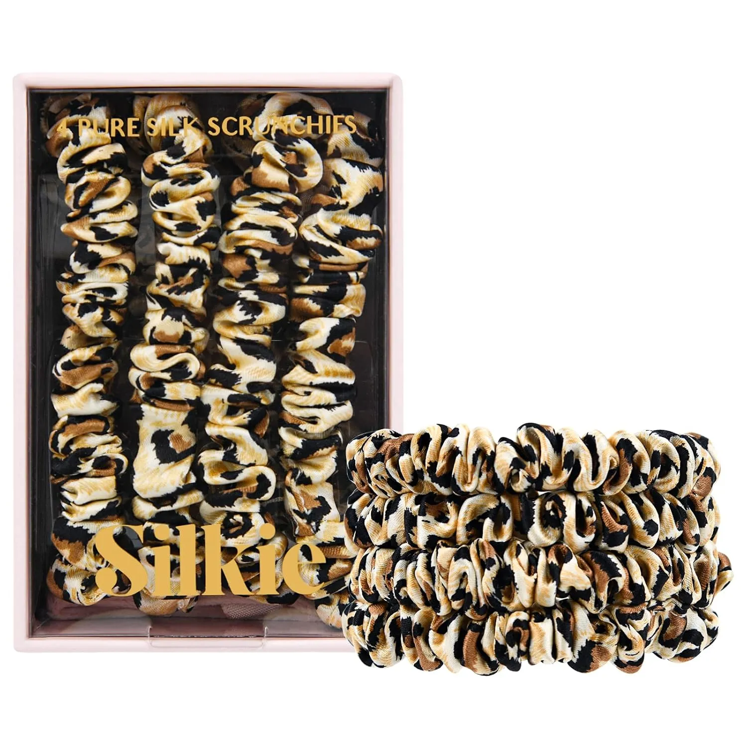 SILKIE x4 Set - Forget Satin - 100% Pure Mulberry Silk Black Brown Leopard Skinny Scrunchies Travel Pouch Everyday Hair Ties Elastics Hair Care Ponytail Holder No Damage (Savannah)