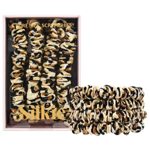 SILKIE x4 Set - Forget Satin - 100% Pure Mulberry Silk Black Brown Leopard Skinny Scrunchies Travel Pouch Everyday Hair Ties Elastics Hair Care Ponytail Holder No Damage (Savannah)