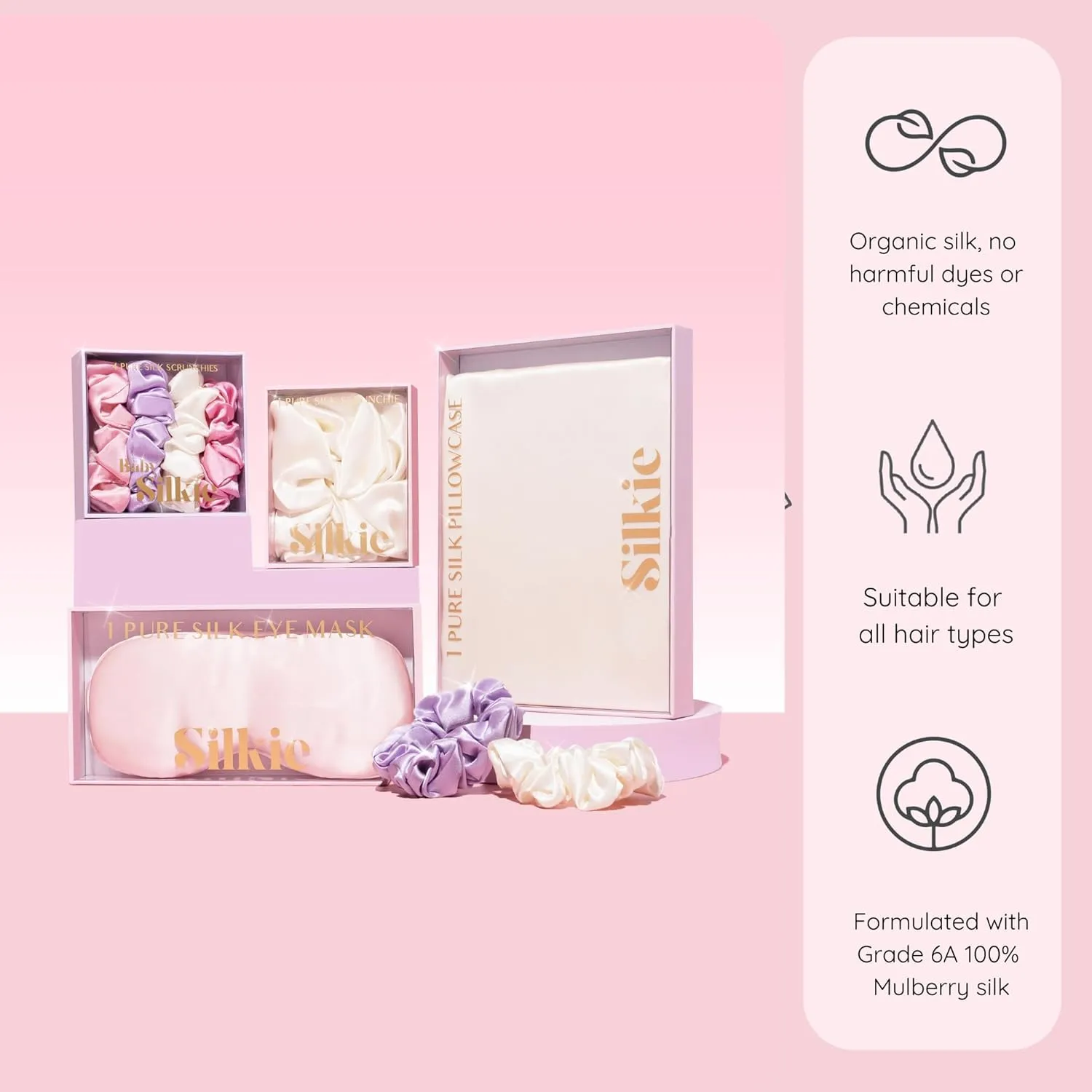 SILKIE x4 Set - Forget Satin - 100% Pure Mulberry Silk Black Brown Skinny Scrunchies Travel Pouch Everyday Hair Ties Elastics Hair Care Ponytail Holder No Damage (Chocolate)