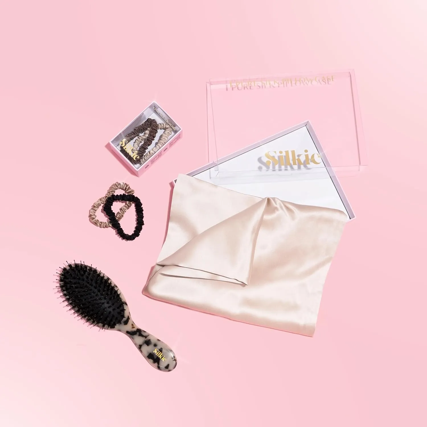 SILKIE x4 Set - Forget Satin - 100% Pure Mulberry Silk Black Brown Skinny Scrunchies Travel Pouch Everyday Hair Ties Elastics Hair Care Ponytail Holder No Damage (Chocolate)