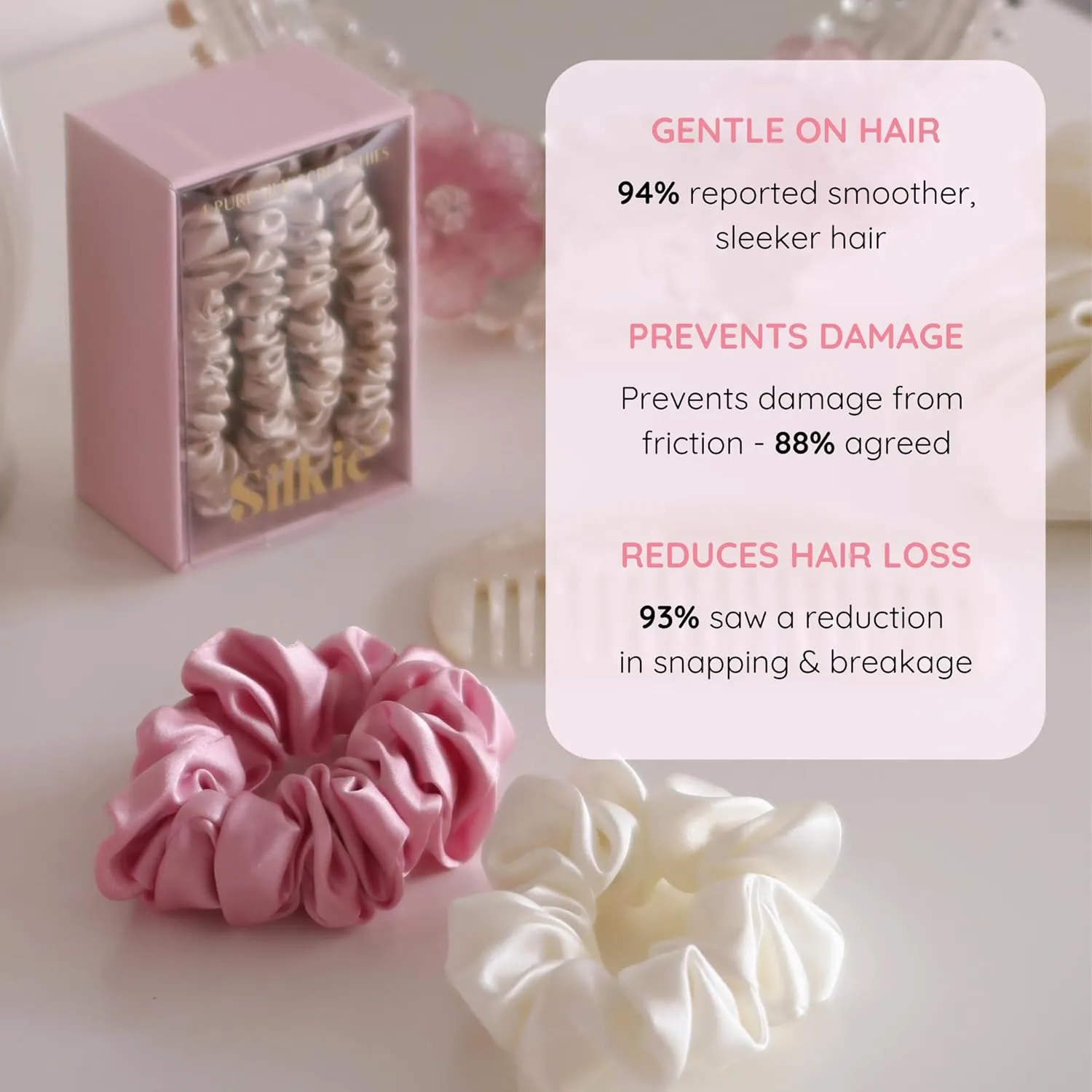 SILKIE x4 Set - Forget Satin - 100% Pure Mulberry Silk Black Brown Skinny Scrunchies Travel Pouch Everyday Hair Ties Elastics Hair Care Ponytail Holder No Damage (Chocolate)