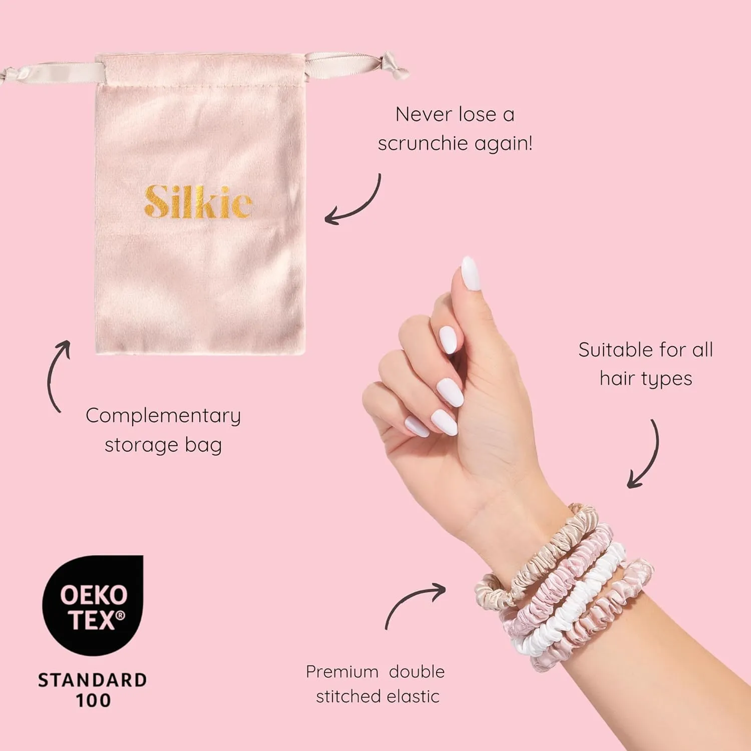 SILKIE x4 Set - Forget Satin - 100% Pure Mulberry Silk Black Brown Skinny Scrunchies Travel Pouch Everyday Hair Ties Elastics Hair Care Ponytail Holder No Damage (Chocolate)