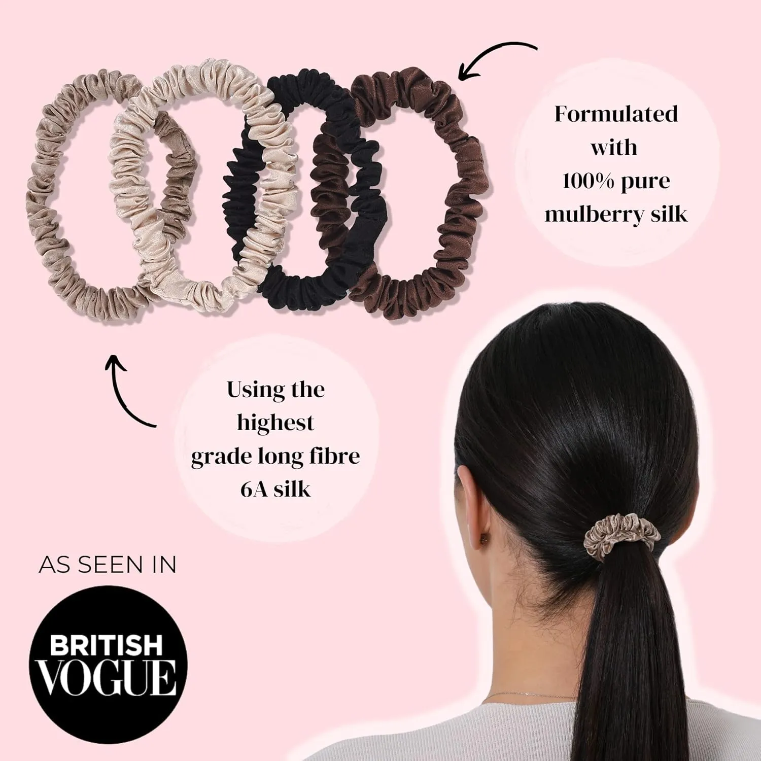 SILKIE x6 Set 100% Pure Mulberry Silk Black Noir Dark Midnight Neutral Skinny Scrunchies Travel Pouch Everyday Hair Ties Elastics Hair Care Ponytail Holder No Damage (Midnight)