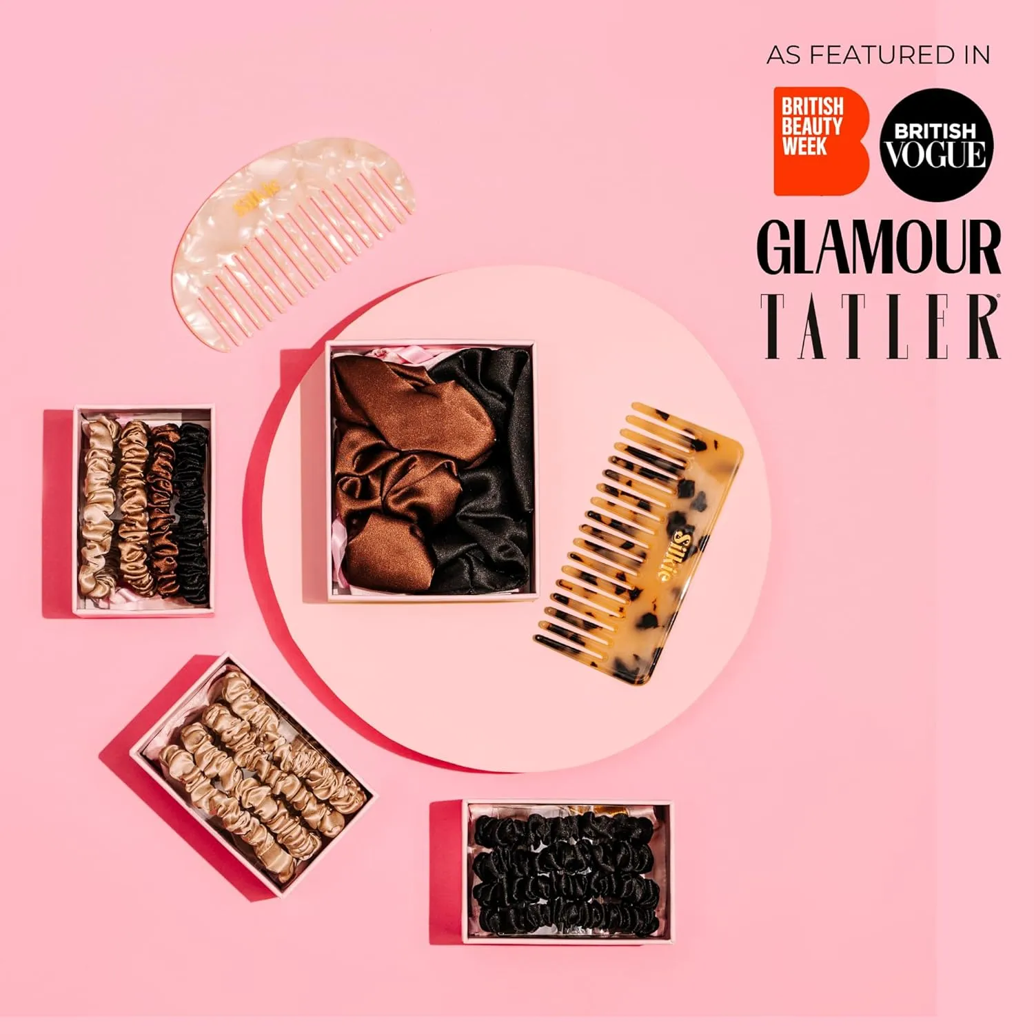SILKIE x6 Set 100% Pure Mulberry Silk Black Noir Dark Midnight Neutral Skinny Scrunchies Travel Pouch Everyday Hair Ties Elastics Hair Care Ponytail Holder No Damage (Midnight)