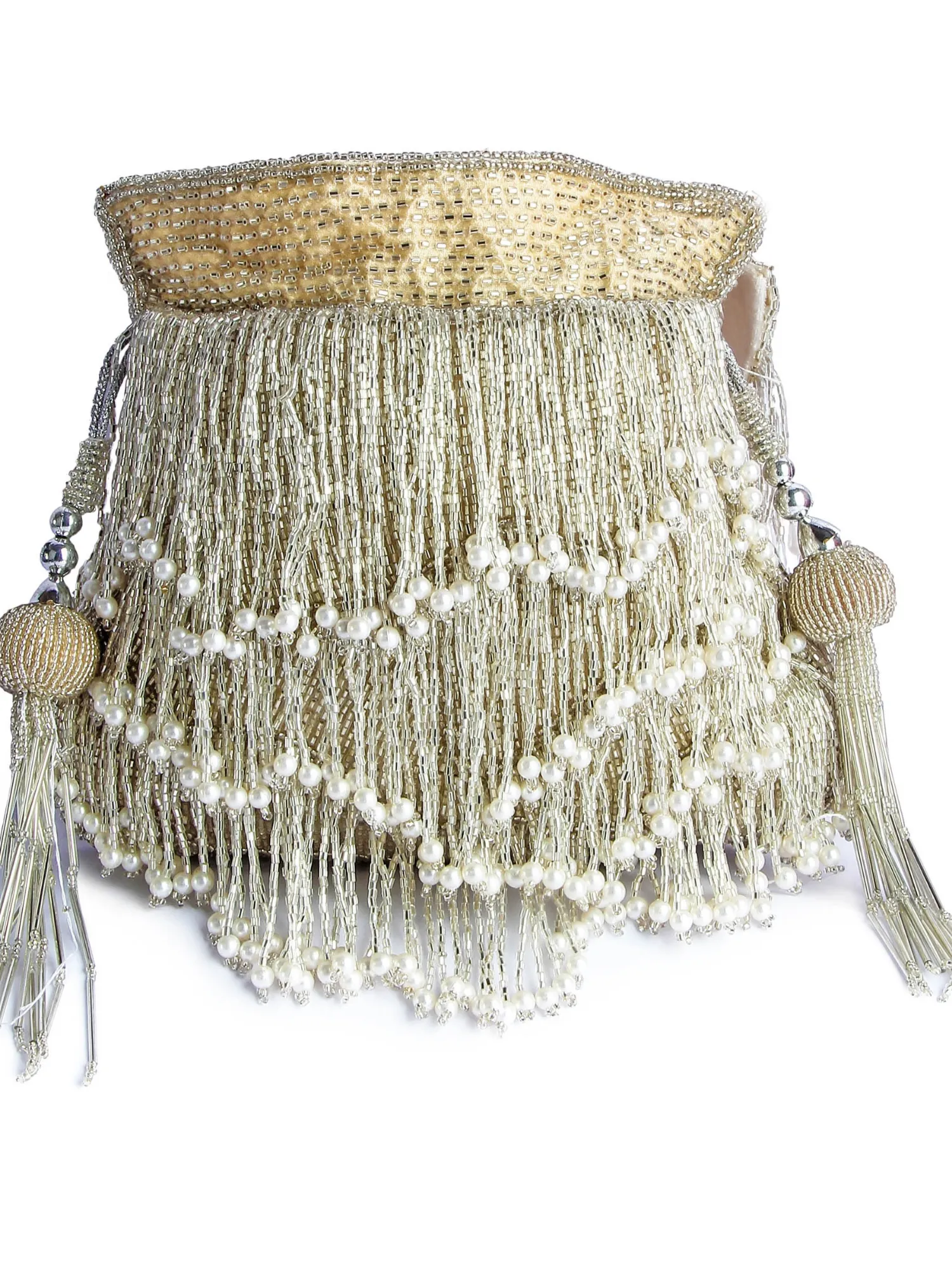 Silver Fringe Glam Potli (Beige Base)