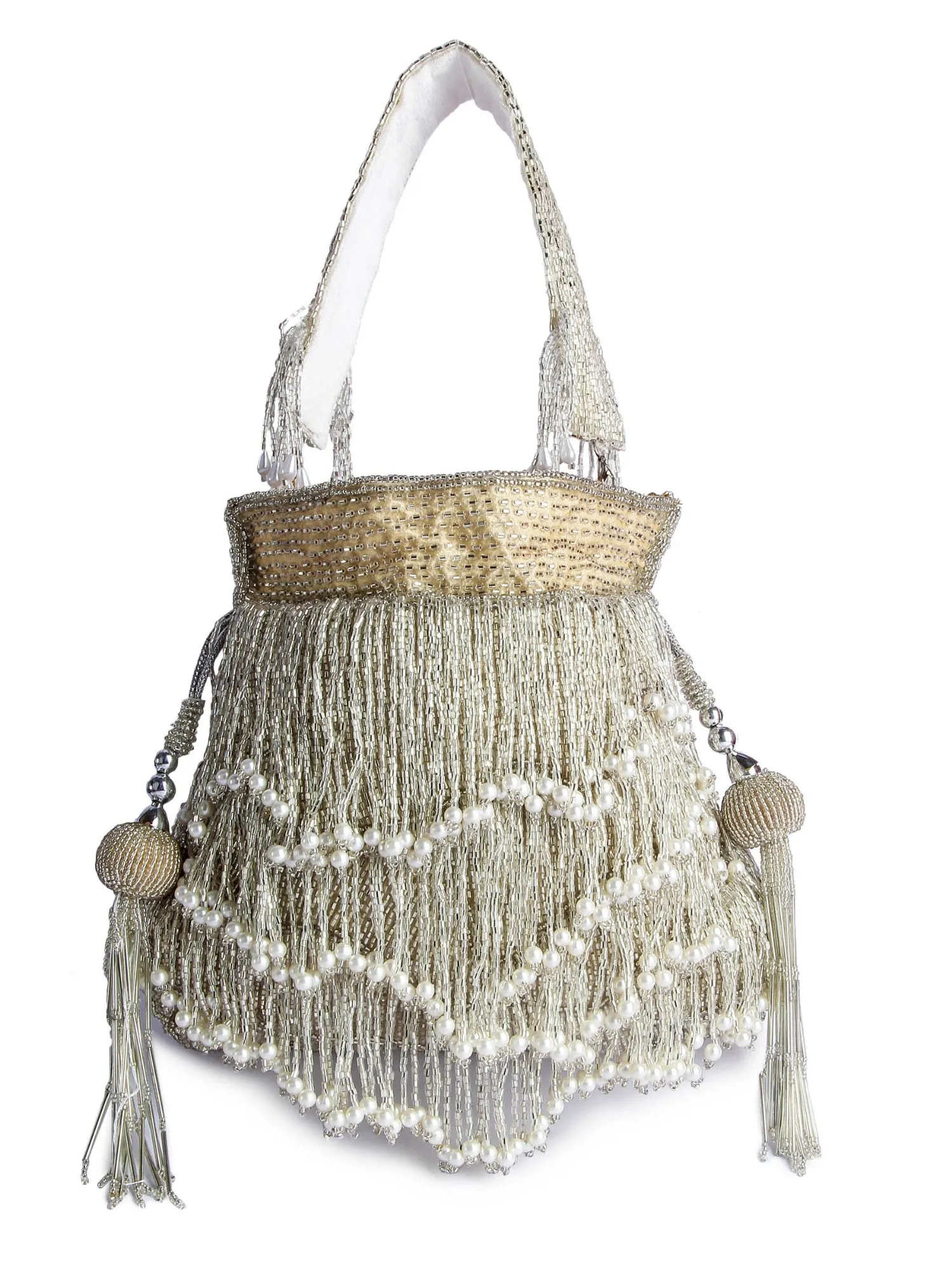 Silver Fringe Glam Potli (Beige Base)
