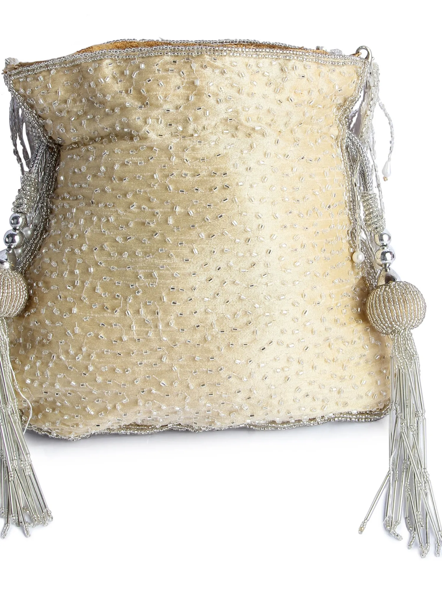 Silver Fringe Glam Potli (Beige Base)